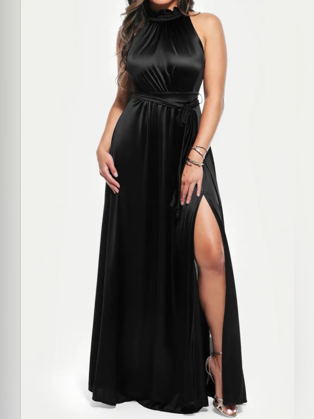 Sleeveless Black Maxi Dress with Gathered Bodice